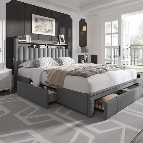 Queen Bed Frame with 3 Drawers Upholstered Beds Frame with Headboard Queen Size Bed Frame Queen Bed 