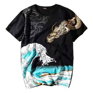 Lyprerazy Japanese Harajuku Ukiyoe Vintage Embroidered T-Shirt Chinese Style Tattoo Golden Dragon Em