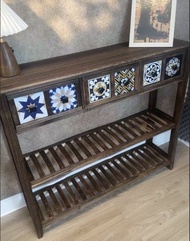 藝術印花置物櫃茶几層架木櫃Wooden Console Table Ikea with Decorative Tile Drawers and Shelves