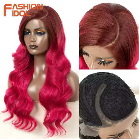 FASHION IDOL 26" Body Wave C Part Synthetic Lace Front Wigs Ombre Blonde Rose Red Colored Cosplay La