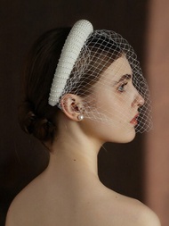 1入女性復古珠鏈大網帶口罩 新娘面紗頭飾,適用於婚禮、聚會、晚餐、旅行、拍攝、裝扮配件