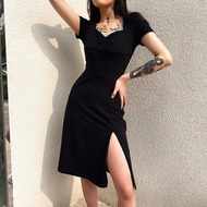 Ka5 Seductive Square-Neck Slit Dress - Stylish Figure-Hugging Waist, Summer Pleated Skirt