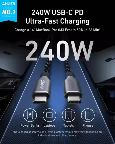 Anker Prime 240W 3ft USB C to USB C Cable Fast Charging Upcycled Braided Nylon with 100-Year Bend Du