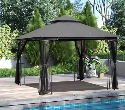Outdoor Gazebo 10'x10', Heavy Duty Canopy Tent with Soft Double Roofs & Metal Corner Frame Shelves, 