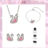 Silver swan necklace with pink Zircon stone, swan set, swan bracelet, swan bracelet
