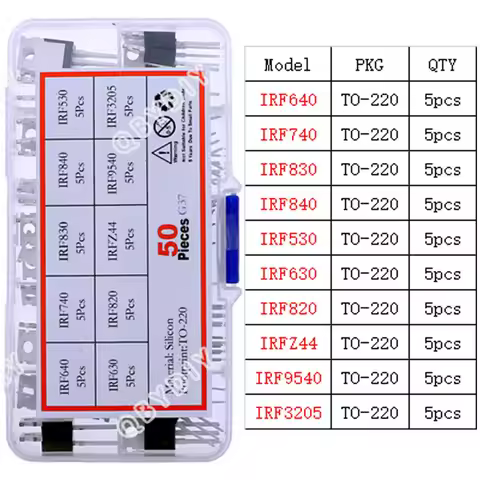 50pcs 10 Types Mosfet Transistors Assortment Kit IRF640 IRF740 IRF830 IRF840 IRF530 IRF630 IRF820 IR