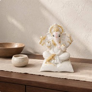 Translucent Elephant-Headed Deity Statue Frosted Seated Deity Figurine Gold-Toned