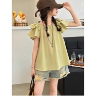 Girls' Summer Short Sleeve T Large Children's French Style Flutter Sleeve Base Shirt Thin Summer Top