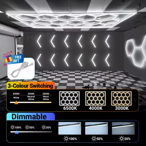 Hexagonal honeycomb pendant light with 3000K/4000K/6000K multiple options suitable for garage/gym/ha
