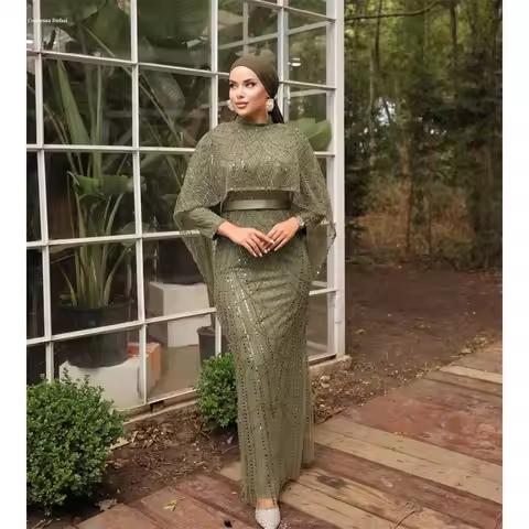 Contessa Dubai Customized Detachable Shawl Ankle-Length Column Prom Dress Glitter Green سيرين لفساتي
