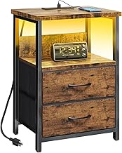 Fixwal Night Stand with Charging Station, LED Nightstand with U-S-B Ports and Outlets, 2 Fabric Stor