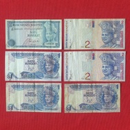 Malaysia 1 Ringgit &amp; 2 Ringgit Old Banknotes 6pcs Lot Set