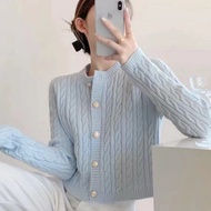 Cardigan KnittedWanita Outerbiru Korean Style Cardi Blue Long Sleeve Knit Wear Knitted Cardigan