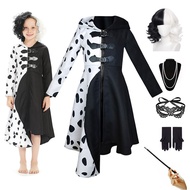 Kids Girls Cruella Deville Costume Black Dalmatian Jumpsuit Dress Girls Halloween Cosplay Party Dres