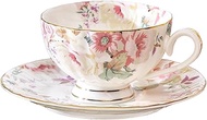 fanquare Pink Floral Tea Cup and Saucer Set with Spoon, 8 Ounce Porcelain Coffee Cup with Gold Trim,