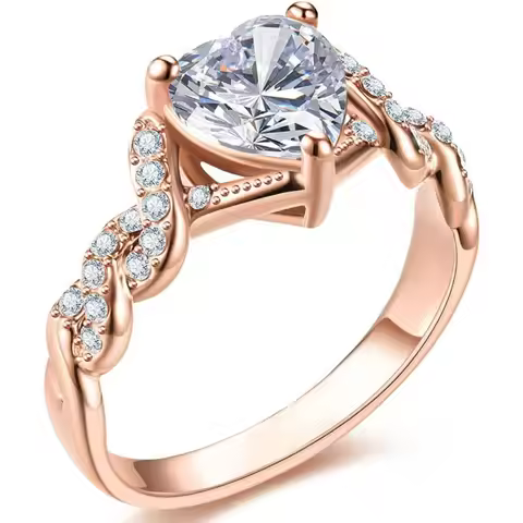 18K Rose gold Plated Love Heart Cubic Zirconia Promise Halo Engagement Promise Eternity Valentine's 