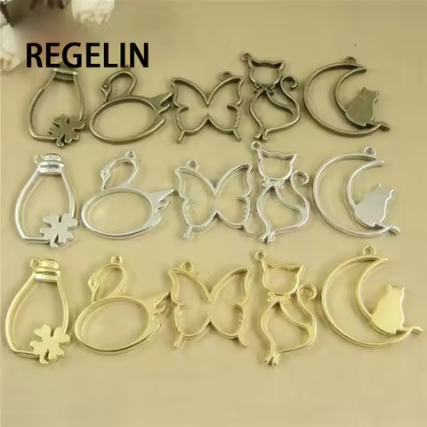 REGELIN 5 pcs/lot Cat moon swan shape Metal Frame Pendant Gold Charm Bezel Setting Cabochon Setting 