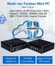 Intel Celeron J3160 Quad Core 1.6Ghz Support 1*DDR3L 1600Mhz, Max 8G With 1*RJ45 COM, Support Console SECURITY 4* Intel i210 1000M Lan 2*HDMI Dual Display Adopt 10*10cm NUC board