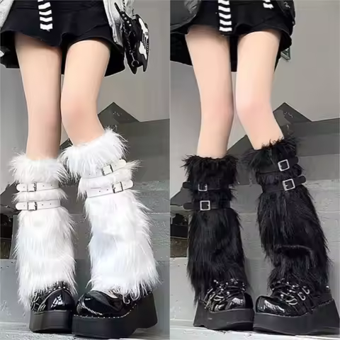 Y2K Faux Fur Leg Warmers Plush Boot Cuffs for Women Winter Thick Visual Style Footwear Niche Fashion