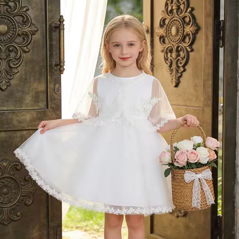 Girls lace dress white elegant cape dress suitable for graduation ceremony birthday party