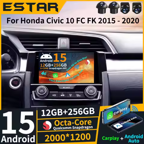 Wireless Carplay Android 15 For Honda Civic 10 FC FK 2015 - 2020 GPS Video Player Car Radio QLED 4G 