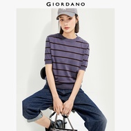 GIORDANO ผู้หญิง เสื้อกันหนาว เสื้อสเวตเตอร์คอกลมแขนสั้นลายตัดกัน เสื้อสเวตเตอร์ลำลองแฟชั่นเรียบง่าย
