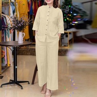 ZANZEA Wome Autumn Autumn 2 Pieces Sets Outfits Three Quarter Sleeve O-Neck Tops Full Pant Sets Soli