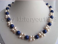 18" Handwork Natural Freshwater White Pearl Lapis Lazuli Necklace!