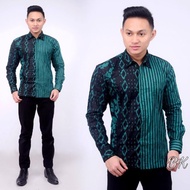 kemeja lurik pria panjang kemeja salur kombinasi batik pria original - hijau xxl