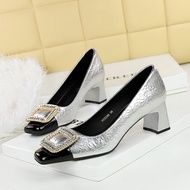 3 Colors Small Size 34-40 Banquet Women's Shoes Thick Heel Mid-heel Shallow Mouth Square Toe Diamond
