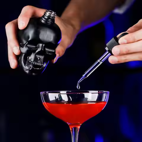 Skull-shaped bitter dropper bottle; glass bitters bottle bar absinthe cocktail