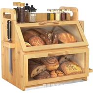 Double Wooden Bread Storage Box Home Kitchen Baking Snack Baguette Storage Box Clamshell Bamboo Brea