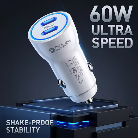 60W Dual USB C Car Charger PD Fast Charging Adapter For iPhone 17 16 15 For Samsung Tablet Dash Cam 