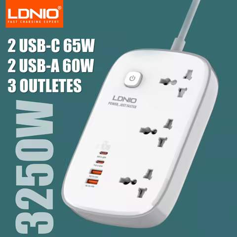 LDNIO 65W Power Strip with 3 Universal Outlets 4 USB Port Socket Power Socket with 2M Bold Extension