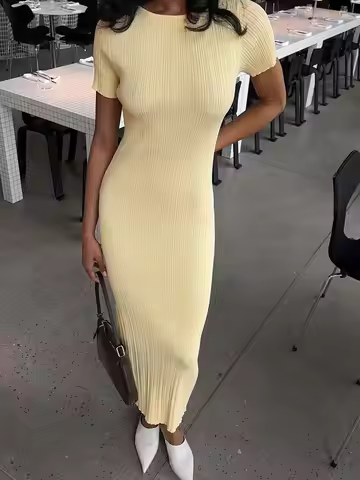 Ele Slim Fit Knitted Dr Versatile Women's Faion mid Waist H Version Polyester Fiber ort Sve round Ne