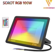LAMPU SOROT RGB 100W LED WARNA WARNI REMOTE FLOOD LIGHT 100 WATT HIAS OUTDOOR PELAMINAN WATERPROOF S