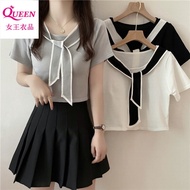 新款 韓版 網紅 上衣女韓版 ins 潮 夏季2025新款韩版网红领带短袖T恤女ins超火学院风修身短款bm上衣 Summer 2025 New Style Korean Version Influe