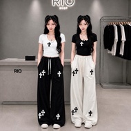 Cross Print Crop Tee + Wide-Leg Pants Set / Y2K Streetwear 2-Piece Outfit