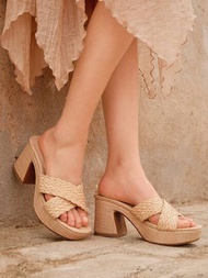 Styleloop 女士杏色復古編織魚口粗跟防水平台復古風厚底時尚涼鞋,女士簡單的踝帶楔型涼鞋,度假布料涼鞋
