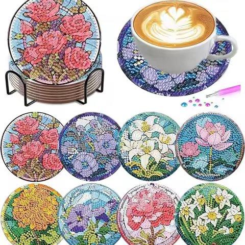 8-Piece Set/Diamond Painting Coaster Set, Flower Patterned Coaster (with Base) - Home DIY Handmade A
