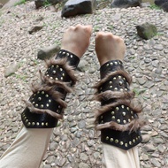 Medieval Viking Warrior Leather Bracer Steampunk Fur Accents LARP Costume for Men Women Riveted Arm 