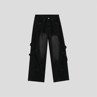 MNO.9 กางเกงยีนส์ขายาวผู้ชาย Jeans G61 กางเกงยีนส์แต่งสาย Y2K streetwear วินเทจ