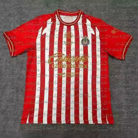 2026 Chivas Guadalajara Home Jersey Red White Vertical Stripes Gold Sponsor Logo Men's Football Fan 