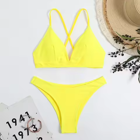 2026 V Neck Two Piece Solid Bikini Back String Women Swimwear Female Swimsuit Bathers Bathing Swimmi