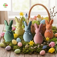 RADIV Flocked Rabbit Figures, Solid Color Foam Easter Bunny Statue, Spring Decor 3D Standing with Bo