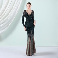 【Taizermind】 Gradient Bead Long Sleeve evening dress fashion long Sequin dress party evening dress Birthday Dress