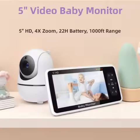 New 5 inch Video Baby Monitor with Camera and Audio, 4X Zoom, 22Hrs Battery, 1000ft Range 2-Way Audi