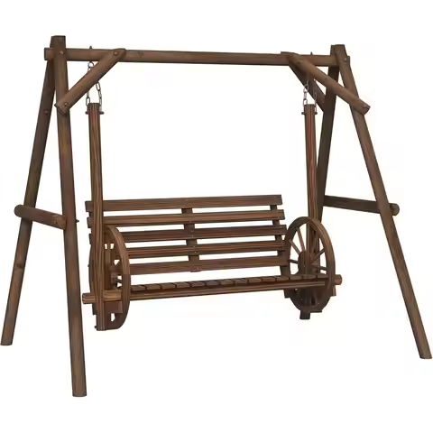 2-Seat Porch Swing with A-e Stand, Wooden Log Patio Swing Chair Bench with Wagon Shaped Armrests or 
