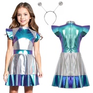 Girl Shiny Alien Outerspace Halloween Cosplay Costume Fling Sleeve Gradients A Line Tutu Dance Dress