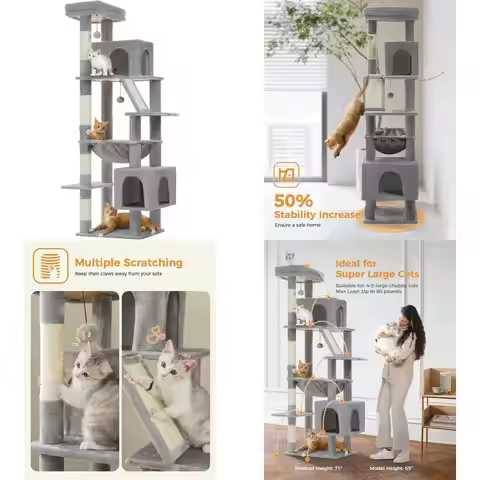 "sturdy 71-inch cat tower for large cats up to 20 lbs with oversized hammock, 4 sisal scratching pos